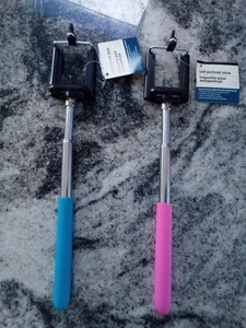 2 Selfie Sticks Extendable Hand held Pink And Blue spring clamp Camera Pole - Picture 1 of 2