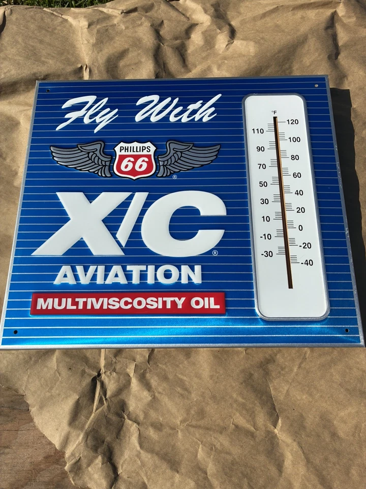 Letrero de termómetro de metal en relieve Phillips 66 X/C aceite de aviación 17x19" MUY BONITO Foto 1 de 4