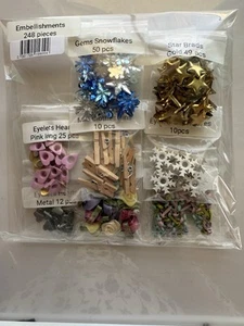 248 pieces EMBELLISHMENTS Lot Stars Snowflakes Hearts FLowers Brads Clothes Pin - Picture 1 of 4