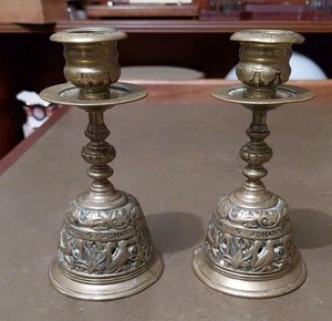 Rare Antique brass Sanctus Bell candlesticks 1890 William Tonks & Sons 6 Inches - Picture 1 of 12