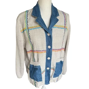 Vtg IB diffusion linen jacket embroidery denim pockets women small cottagecore - Picture 1 of 7