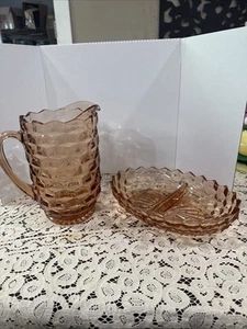 Set Indiana Whitehall Glass Cubist Pitcher & Divided Serving Dish Peach Pink - Picture 1 of 10