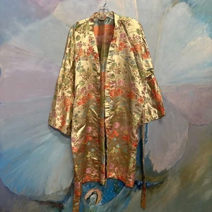 Pier 1 Imports Asian Floral Brocade Kimono Robe Pearl Gold Multicolor - Picture 1 of 7
