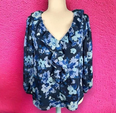 Blusa J.Crew Azul Multi Floral Manga Larga Primavera Verano XS Volantes Cuello en V Nueva con Etiquetas Foto 1 de 4