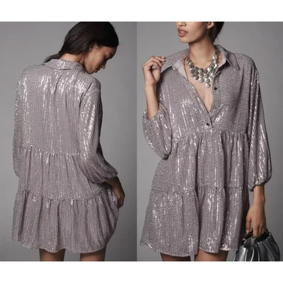Anthropologie | NWOT Maeve Bettina Sequin Tiered Shirt Mini Dress Silver | MP - Image 1 of 4