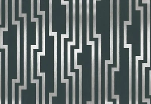 Wallpaper Metallic Mid Century Geometric Dark BLUE Shiny Silver, 56 Sq Ft Bolt - Picture 1 of 1