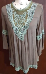 Top donna Suzanne Betro tunica grande verde boho contadina relax orlo all'uncinetto - Foto 1 di 8