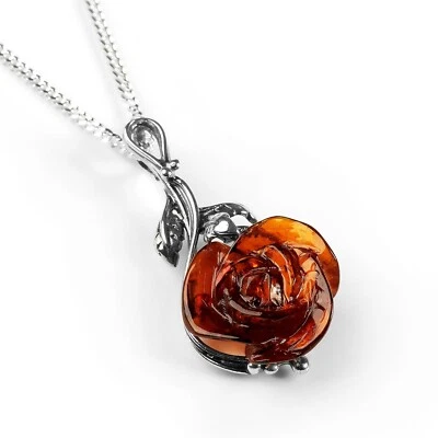 Collar Flor Rosa Plata de Ley 925 Tallada Ámbar Báltico Joyería Colgante Foto 1 de 4