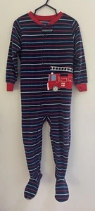 Carter's Toddler Boys 1-Piece Fire Truck Striped Cozy Fleece Footie PJs Navy 3T - Picture 1 of 5