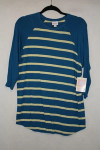 NWT LuLaRoe L Top Randy Tee Blue Pale Yellow Stripes Blue 3/4 Raglan Sleeves - Imagen 1 de 4