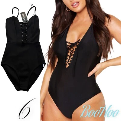 TRAJE DE BAÑO SEXY NEGRO BOOHOO CUELLO HALTER CON CORDONES TALLA 6 CORBATAS EN LA PARTE SUPERIOR ROPA DE BAÑO Foto 1 de 4