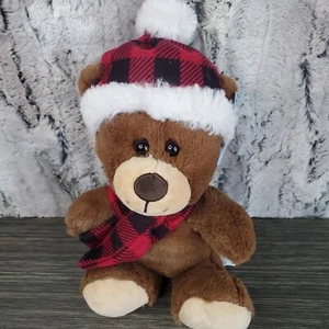Hug Fun 8" Sitting Brown Teddy Bear Bufflo Check Hat And Scarf Winter Christmas  - Picture 1 of 8