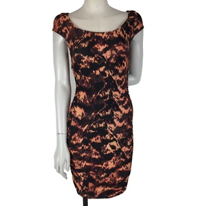 Kookai Dress Orange Size 1 8 10 Black Pattern Body Con Ruched Lined Cap Sleeve - Picture 1 of 14