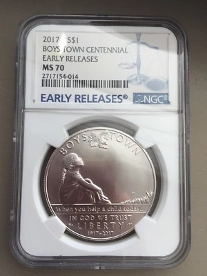 2017 P BOYS TOWN CENTENNIAL SILVER COMMEMORATIVE DOLLAR NGC MS70 EARLY RELEASES - Image 1 of 2
