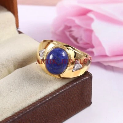 Naturale Lapislazzuli Gemma Placcato Oro 925 Argento Sterling Uomo Anello #4680 - Immagine 1 di 4