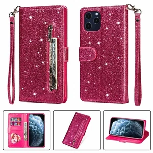 Glitter Zipper Wallet Card Case Stand Cover For iPhone 7 8 6 11 12 13 Pro 14 SE - Picture 1 of 15