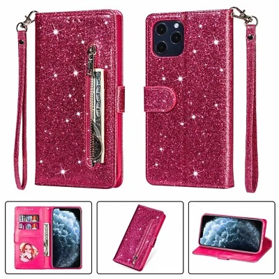 Glitter Zipper Wallet Card Case Stand Cover For iPhone 7 8 6 11 12 13 Pro 14 SE - Image 1 of 4