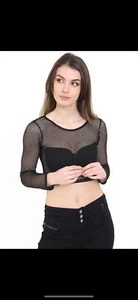 Bodycon-T-Shirt Legging Damen Cover Up bauchfreies Oberteil sexy Netz Club Party schwarz - Bild 1 von 15