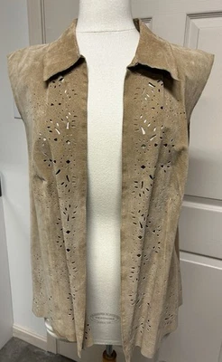 Coldwater Creek Suede Vest Womens 2X Open Front Beige 100% Suede Eyelet Design - Image 1 of 4