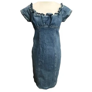 Moda International Y2K Denim Dress 6 Blue Ruffle Neck Milkmaid Stretch Retro - Picture 1 of 15