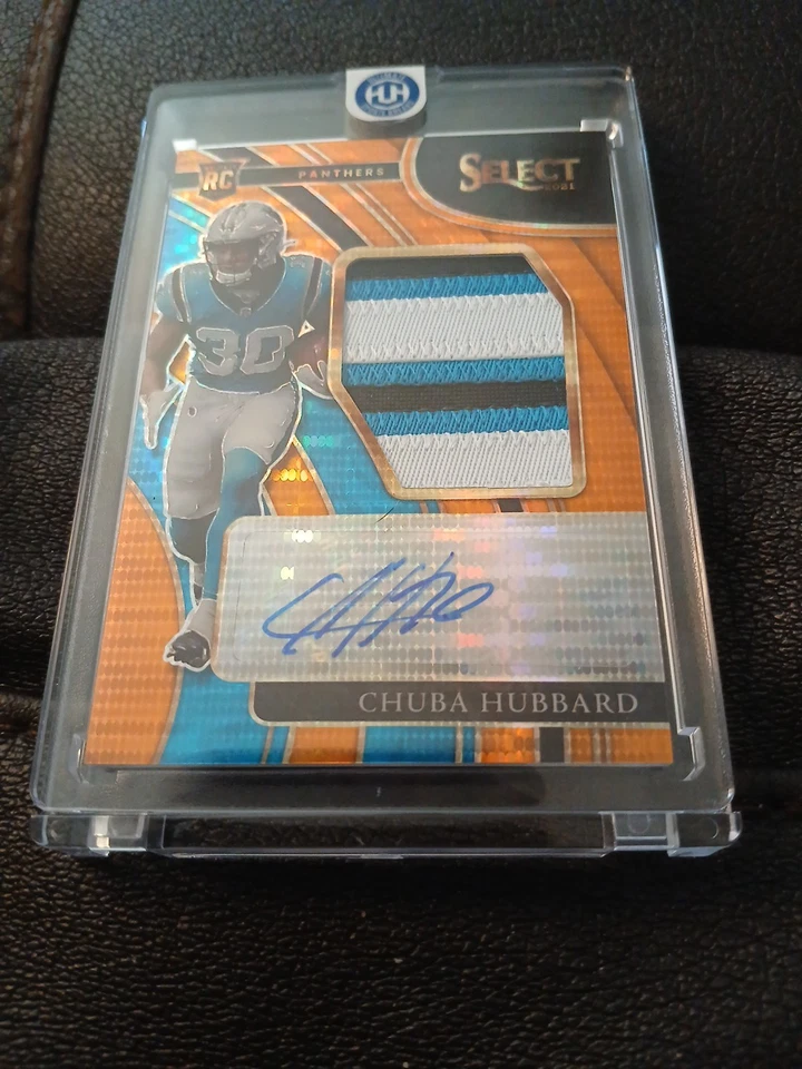 2021 Panini Select Chuba Hubbard #JRS-CHU Gold Prizm /25 (AU, MEM, RC) - Image 1 of 2