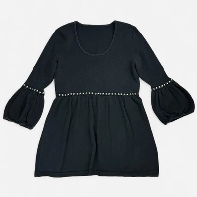 Vintage Y2K Top Size M Black Babydoll Studded Detail Puff 3/4 Sleeves Stretchy - Image 1 of 4