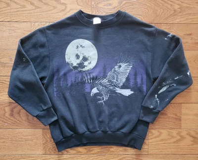 Bald Eagle Moon Crewneck Vintage 90s Graphic Size Large USA Distressed READ - Image 1 of 4