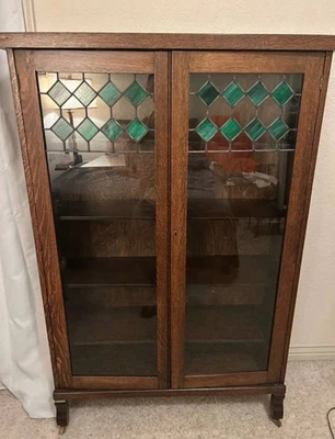 Antique 1900-1920’s Stained Glass Arts and Crafts Bookcase - Image 1 of 4
