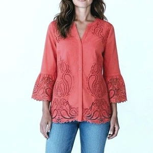 Chico's Women's Lace Accent Button Front 3/4 Sleeve Blouse Orange Size 3 XL  - Picture 1 of 9