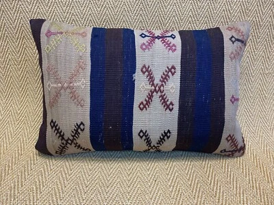 kilim lumbar pillow cover 16x24 beige and blue handmade kilim pillow cover - Image 1 of 3
