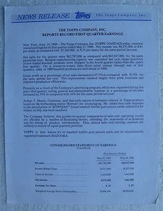1989 "Topps Company News Release", Topps Reports Record First Quarter Earnings - Picture 1 of 2