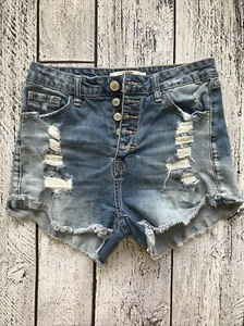 Women’s Papaya Size M Denim Booty Shorts High Rise Button Fly Distressed Raw Hem - Picture 1 of 9