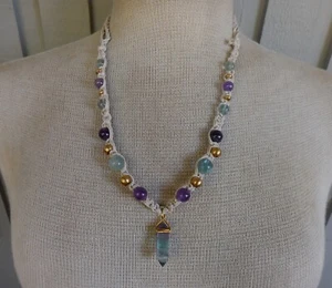 Fluorite Double Terminated Point Adjustable Hemp Necklace w Amethyst Stone Beads - Picture 1 of 8