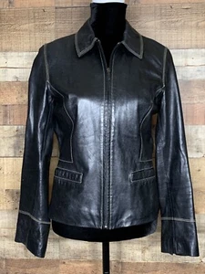 Womens Express Genuine Leather Jacket Coat Black Lined Sz 7/8 Moto Biker - Picture 1 of 6