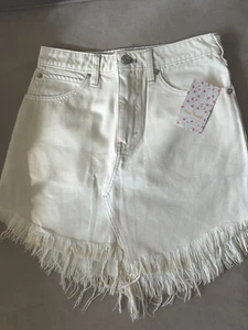 Denim Mini Skirt fringe FREE PEOPLE We the Free, coconut white distressed - Picture 1 of 11