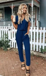 Women's Summer Deep V Neck Short Sleeve Wrap Drawstring Waist Jumpsuit Romper L - Picture 1 of 6