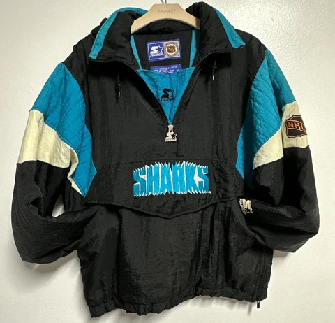 VTG SAN JOSE SHARKS STARTER HOODED PULLOVER PUFFER JACKET MEDIUM NHL HOCKEY 90s Cover