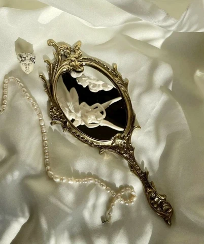 20TH CENTURY HAND MIRROR BRONZE ORNATE ART LARGE DECOR ROCOCO STYLE ITALY 30CM Cover