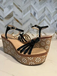 KATE SPADE - Black Leather Flower Wedge Sandals 8.5 - Picture 1 of 9