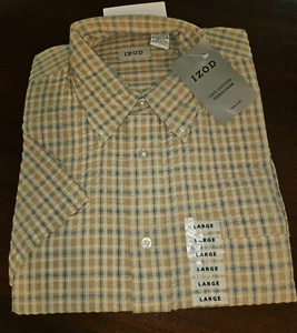 IZOD Mens Large Button Down 100% Seersucker Shirt Beige Plaid Short Sleeve NWT - Imagen 1 de 3