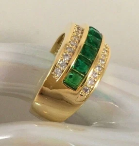 Vintage Jewellery Gold Band Ring with Emeralds White and Sapphires Deco Jewelry - Picture 1 of 8