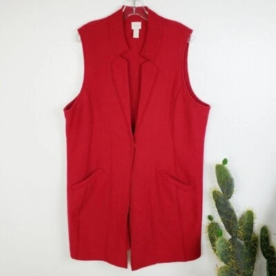 CHICO'S Boiled 100% Wool Longline Cardigan Vest Red size XL Women's Lagenlook - Image 1 of 4