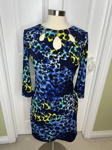 Joseph Ribkoff Faux Wrap Dress Womens Sz 8 Ruched Jersey Stretch Abstract Work - Picture 1 of 13
