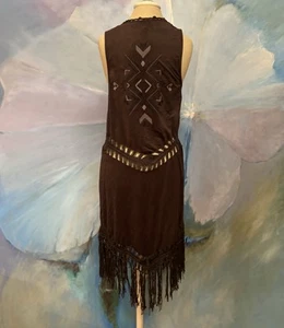 Miss Me Duster Fringed Vest Western Embroidered Boho Faux Suede Open Front - Picture 1 of 10