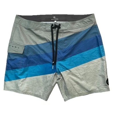 Rip Curl Board Shorts Men Sz 38x7 Zip Pocket Drawstring Spellout Gray Blue - Image 1 of 4