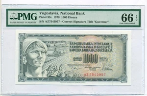 Billete de banco de 1000 Dinara de Yugoslavia 1978 gema sin circular 66 EPQ PMG - Imagen 1 de 4