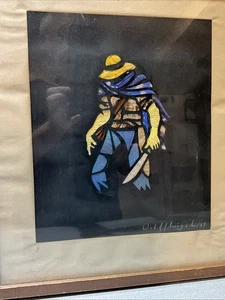 Künstler signiert 1981 Schmetterlingsflügel gerahmte Kunst Collage 16x5x14,5 Machete Mann - Bild 1 von 10