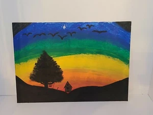 Kinder Original Acryl Gemälde kleine Hütte auf Bergen - Bild 1 von 6