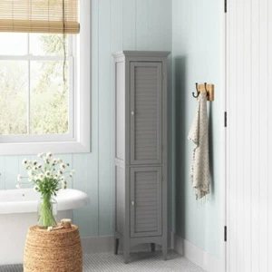 Gray Finish Wooden Linen Tower Storage Cabinet Tall Towels Organizer Bathroom - Picture 1 of 5