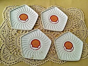 SHELL OIL COASTER SET 4 WHITE PLASTIC LOGO UN SALU PA SEGURIDAD HIT LINE GAS. - Picture 1 of 6